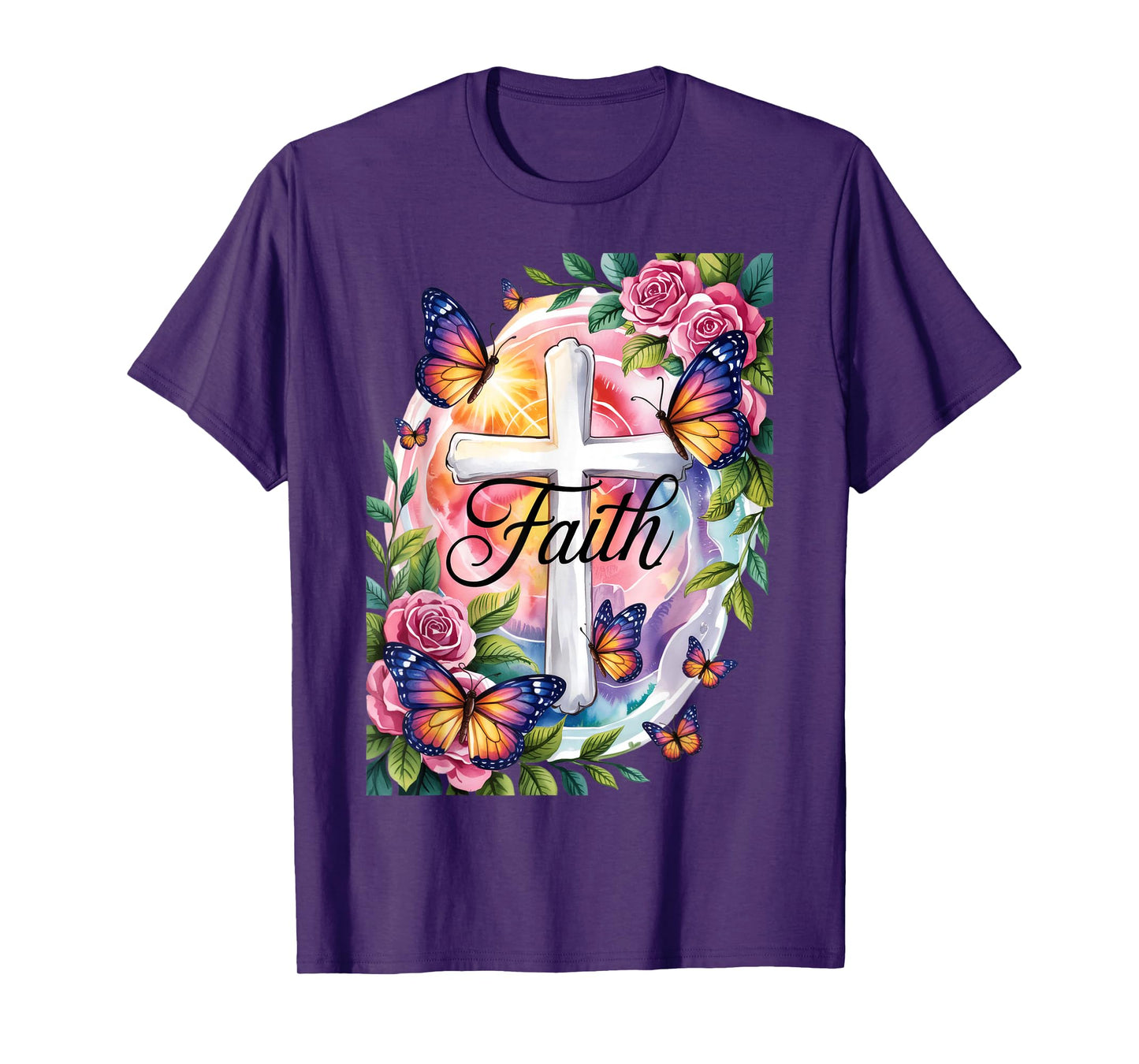 Faith Cross Butterflies Floral Religious Christ Flowers T-Shirt