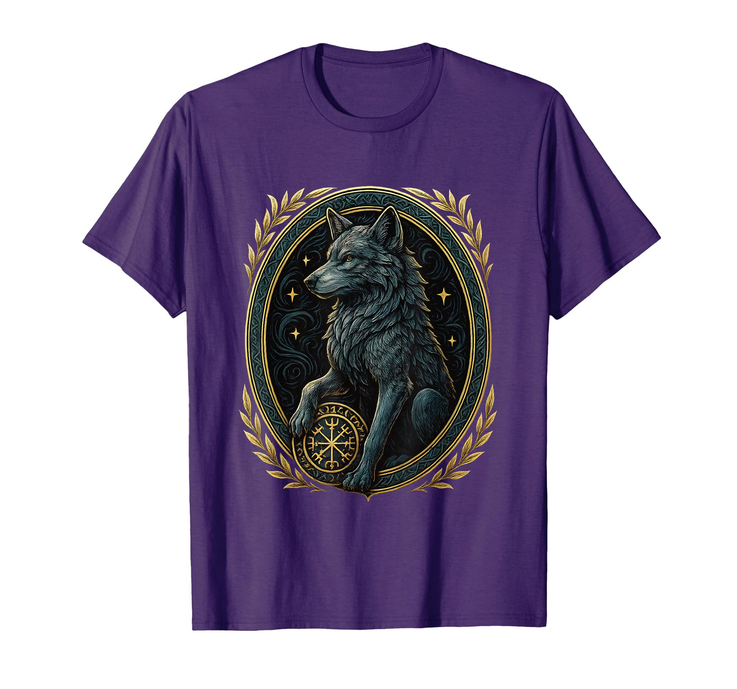 Norse Wolf with Helm of Awe Aegishjalmur Runes Viking Symbol T-Shirt