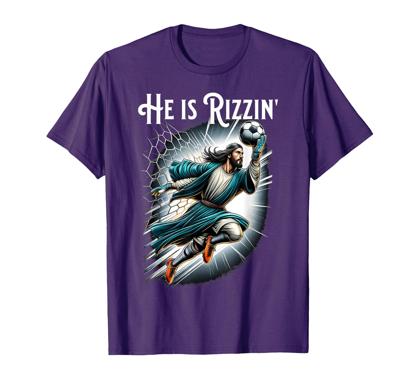 Rizzen Funny Sports Rizz He is Rizzin Jesus Playing Soccer T-Shirt