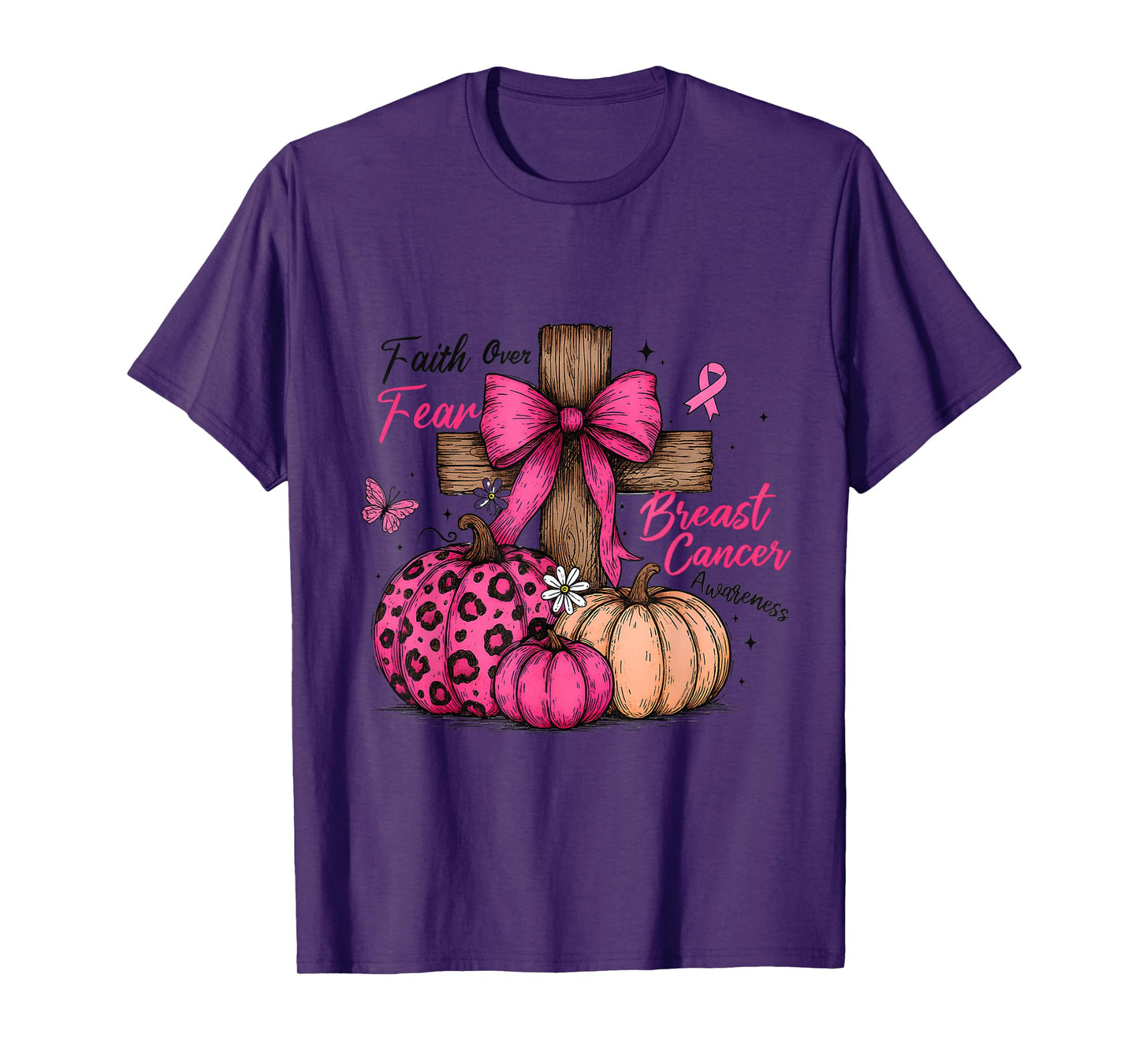 Preppy Faith Over Fear Coquette Christian Cross Pumpkin Tee T-Shirt