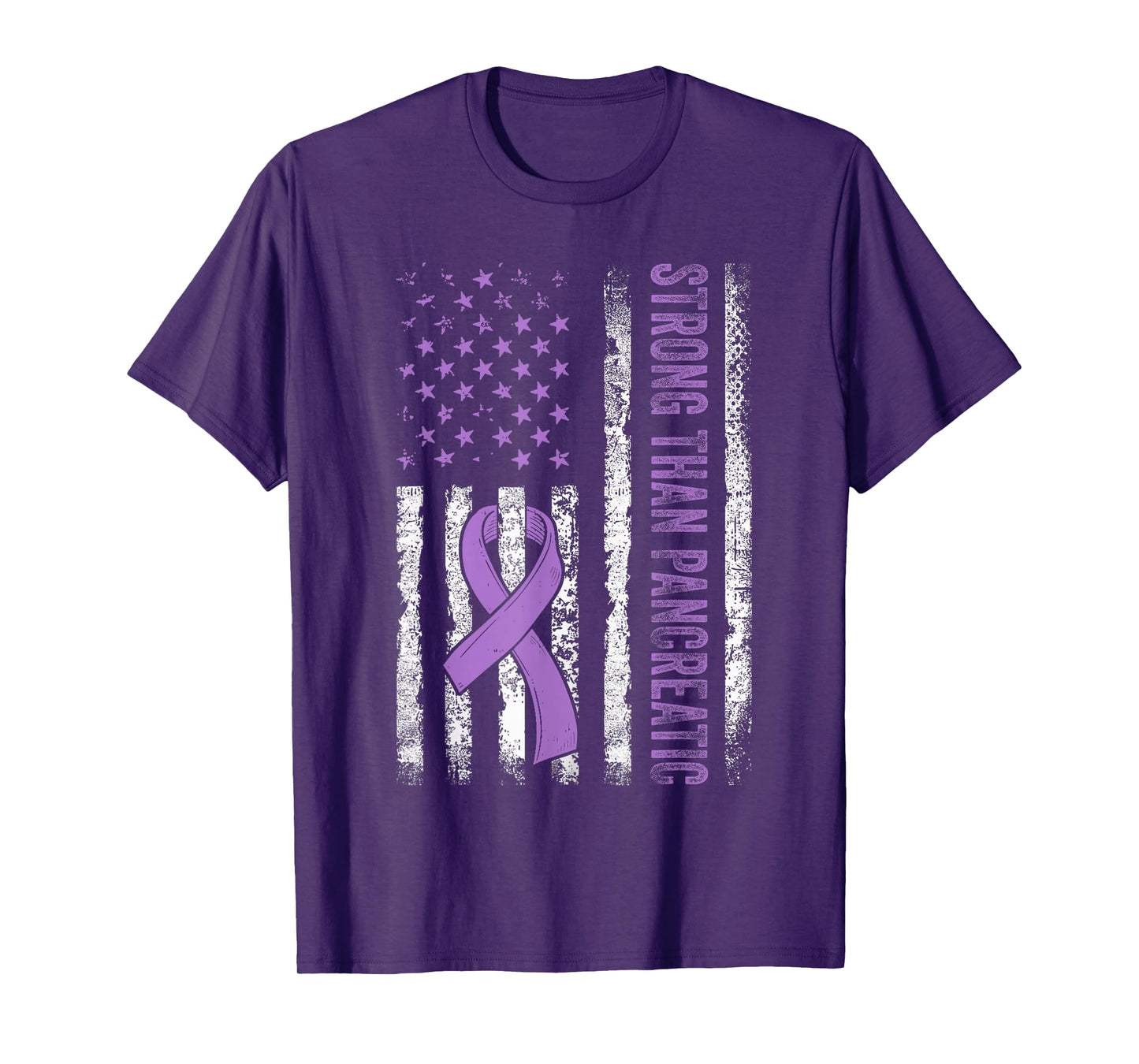 Strong Than Pancreatic Cancer Us Flag Survivor Purple Ribbon T-Shirt