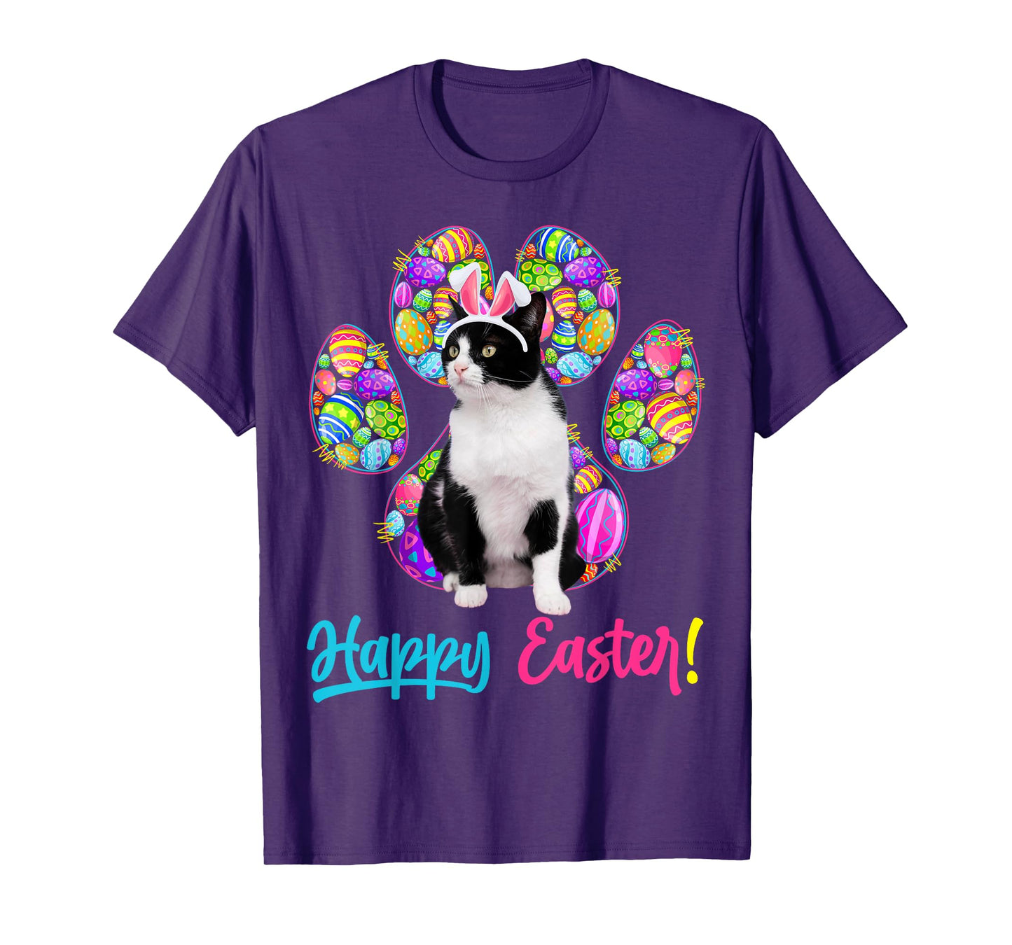 Cute Tuxedo Cat & Bunny Ears Easter Eggs Cat Paw Easter Day T-Shirt