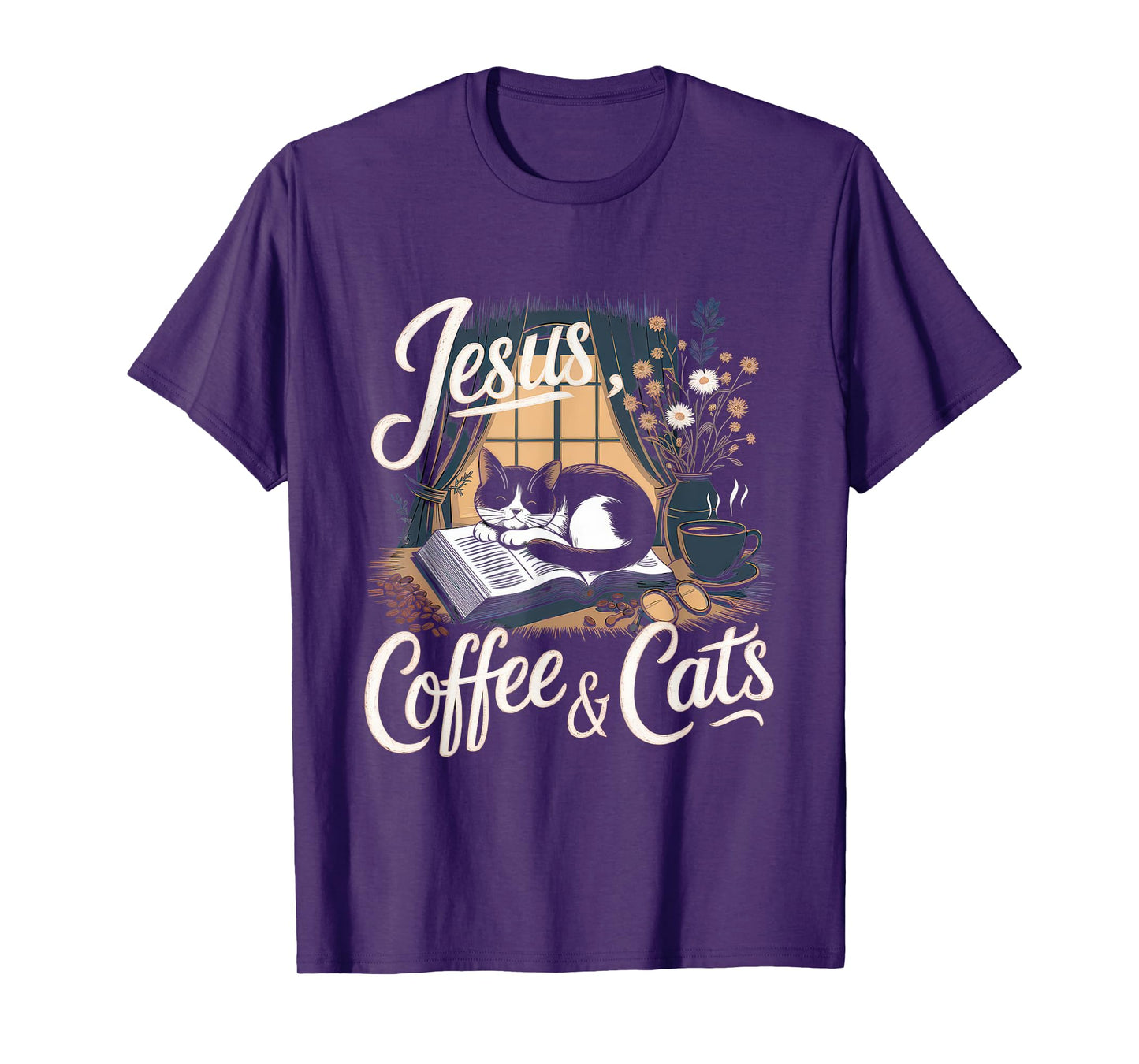 Jesus Coffee Cats Funny Cute Design Jesus Lovers Christian T-Shirt