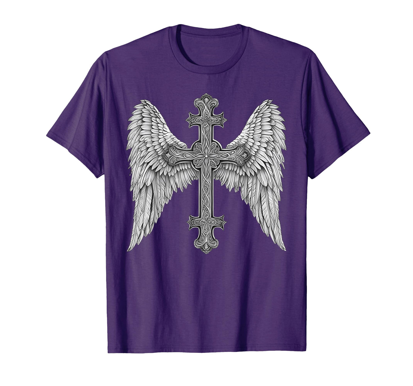 Gothic Cross and Angle Wings Graphic Punk Style Mens Womens T-Shirt