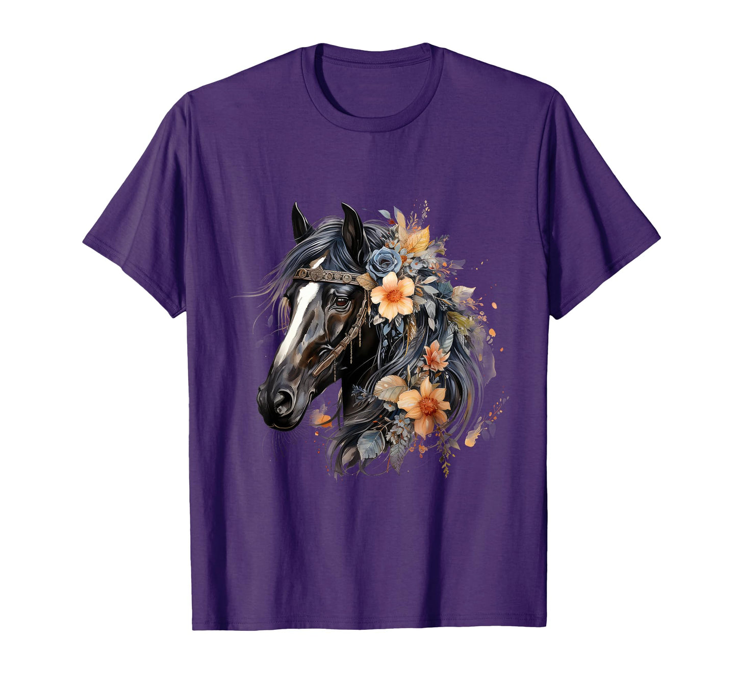 Floral Wild Horse Country Horse Riding T-Shirt, Small, Black