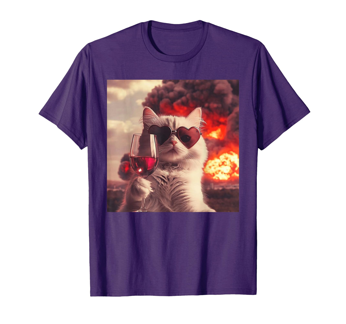 Wacky Cat Holding Wine Selfi with Fire Funny Sunglasses T-Shirt