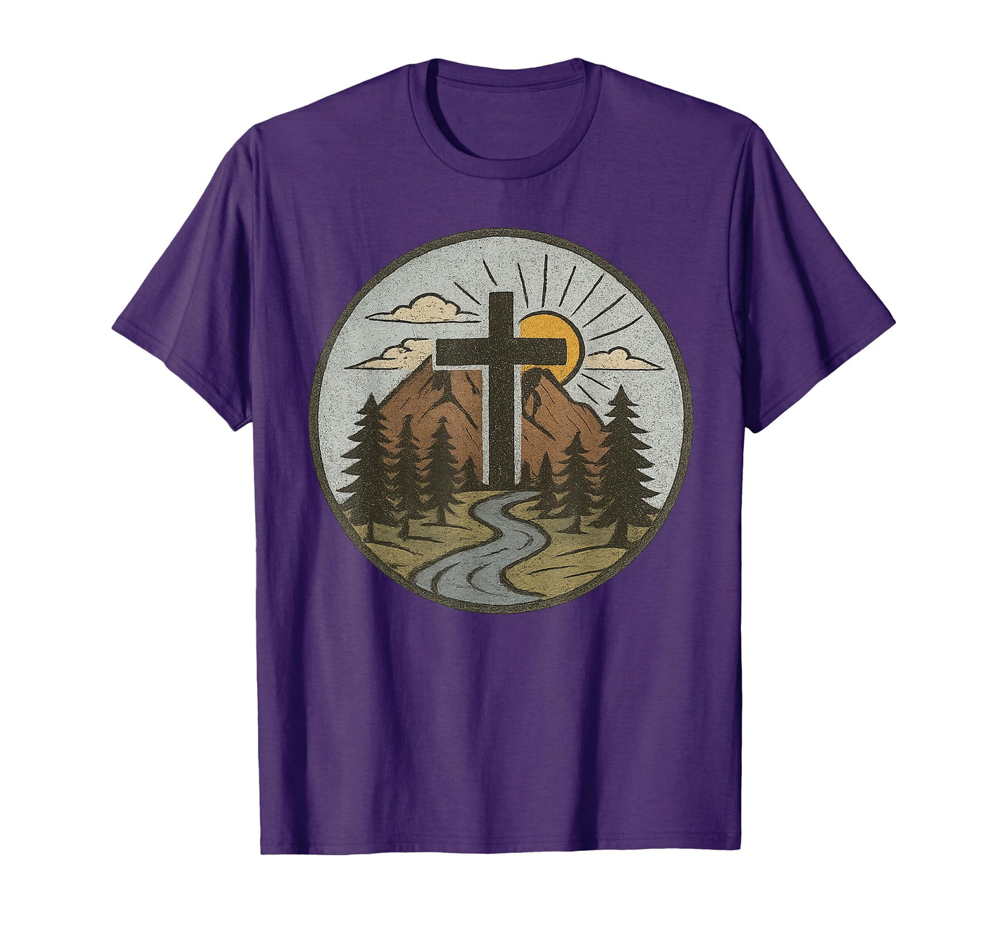 Christian Cross Mountains River Sunrise Faith-Inspired T-Shirt