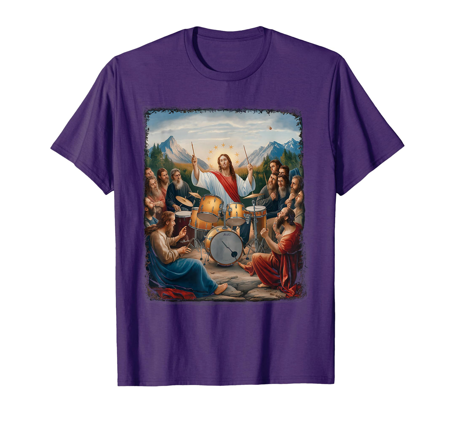 Jesus Playing Drums Funny Christian Drummer Painting T-Shirt