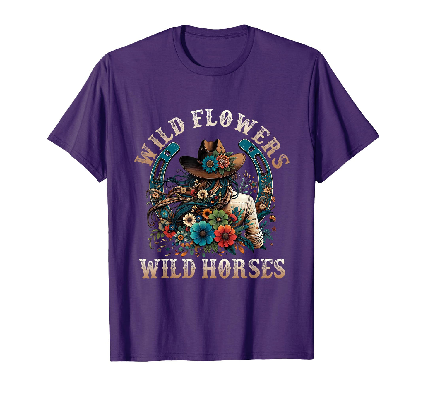 Retro Southern Sunset Cowgirl Wild Flowers - Wild Horses T-Shirt