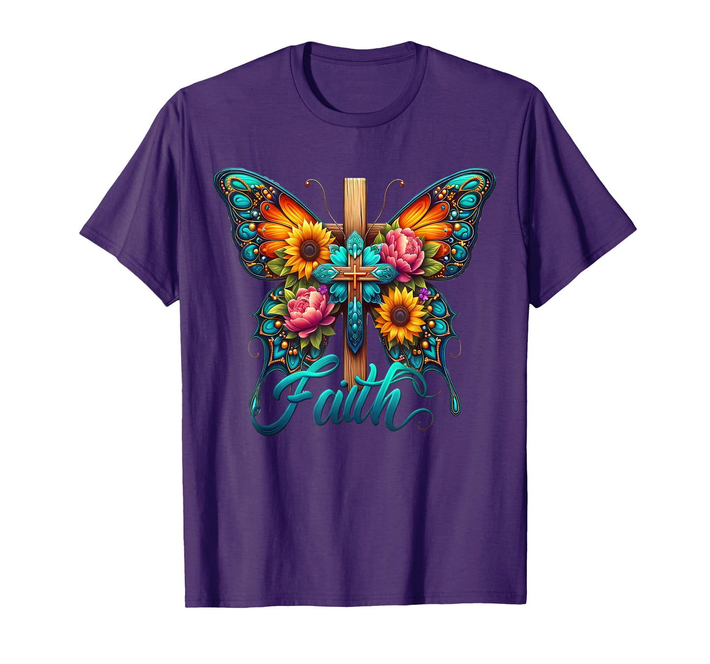 Faith Cross Sunflower Butterflies Flowers Christians Vintage T-Shirt