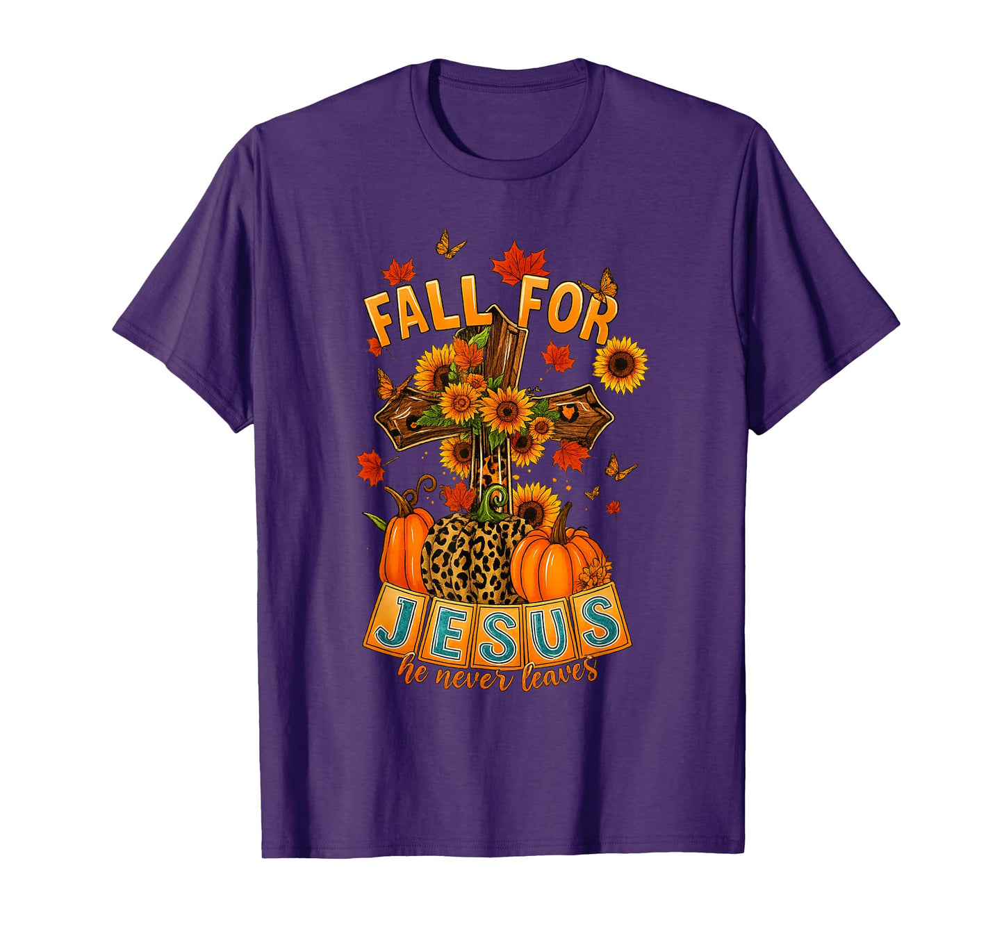Fall for Jesus He Never Leaves Cross Faith Pumpkin Leopard T-Shirt