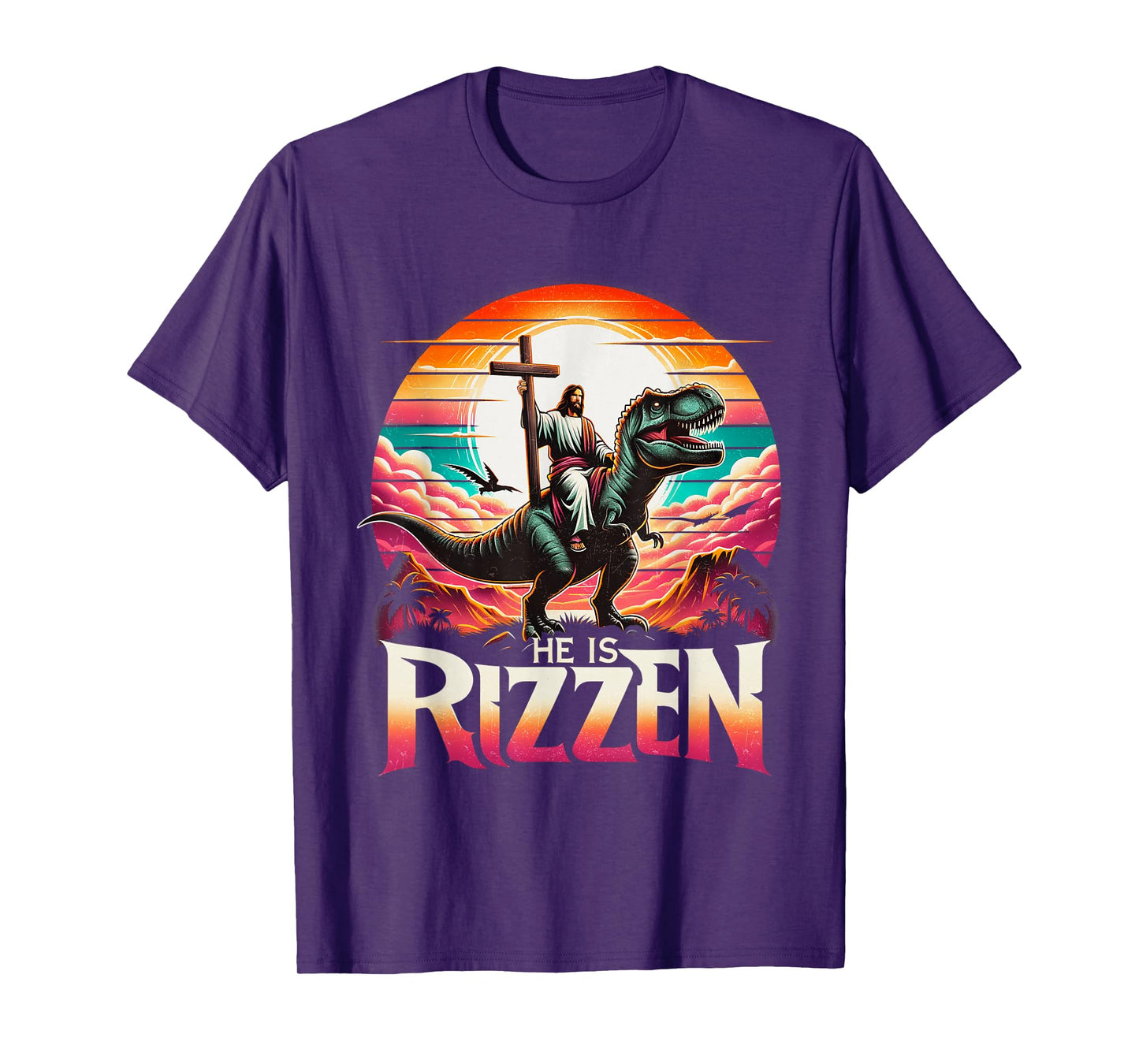 He Is Rizzen Jesus Has Rizzen Retro Christian Dinosaur T-Shirt