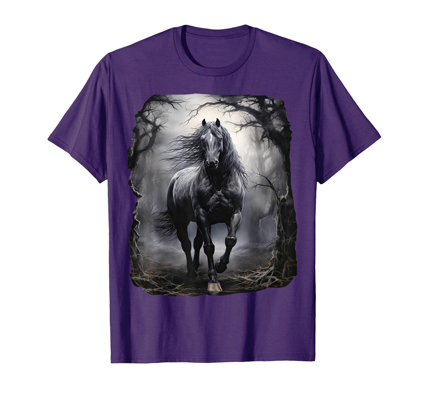 Beautiful black Horse running through the forest by night T-Shirt