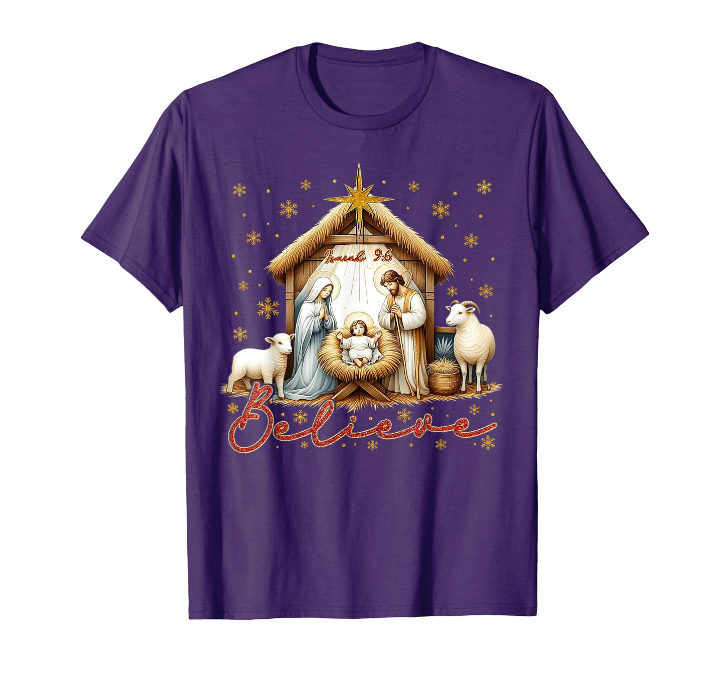 Nativity Scene BELIEVE Christian Family Merry Christmas T-Shirt