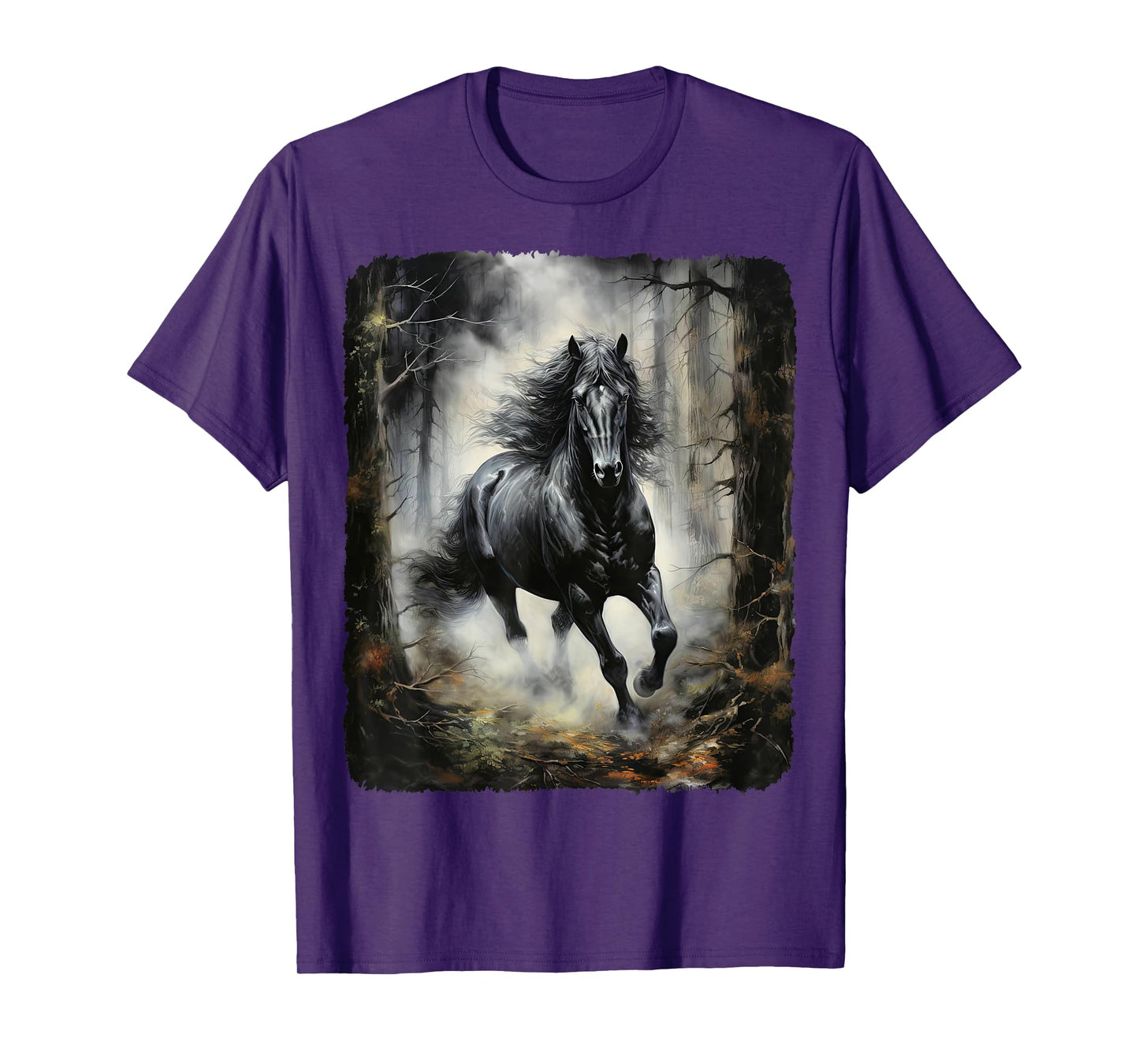 Beautiful black Horse running through the forest by night T-Shirt