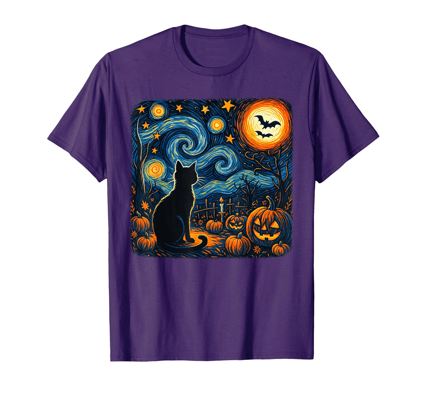 Halloween Black Cat Van Gogh Starry Night Cat Lovers Cat T-Shirt