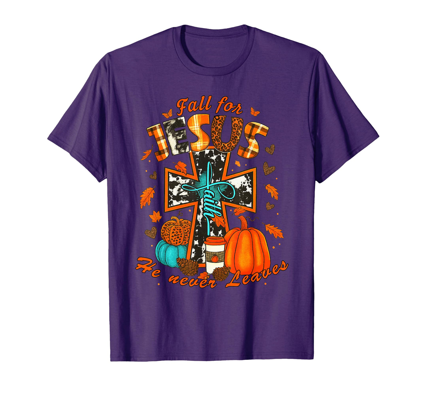 Fall for Jesus He Never Leaves Cross Faith Pumpkin Leopard T-Shirt