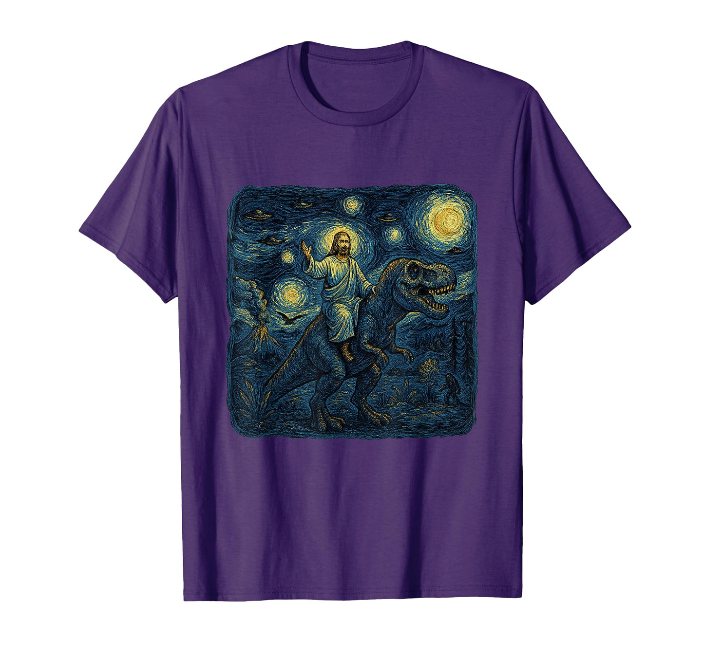 Jesus Riding Dinosaur Starry Night Funny Men Women UFOs T-Shirt