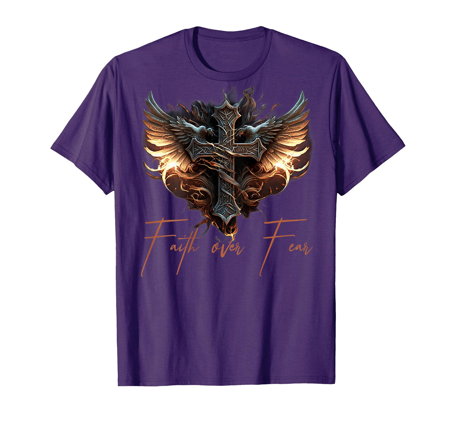 Biker Angel Wings Christian Cross Faith Over Fear - On Back T-Shirt