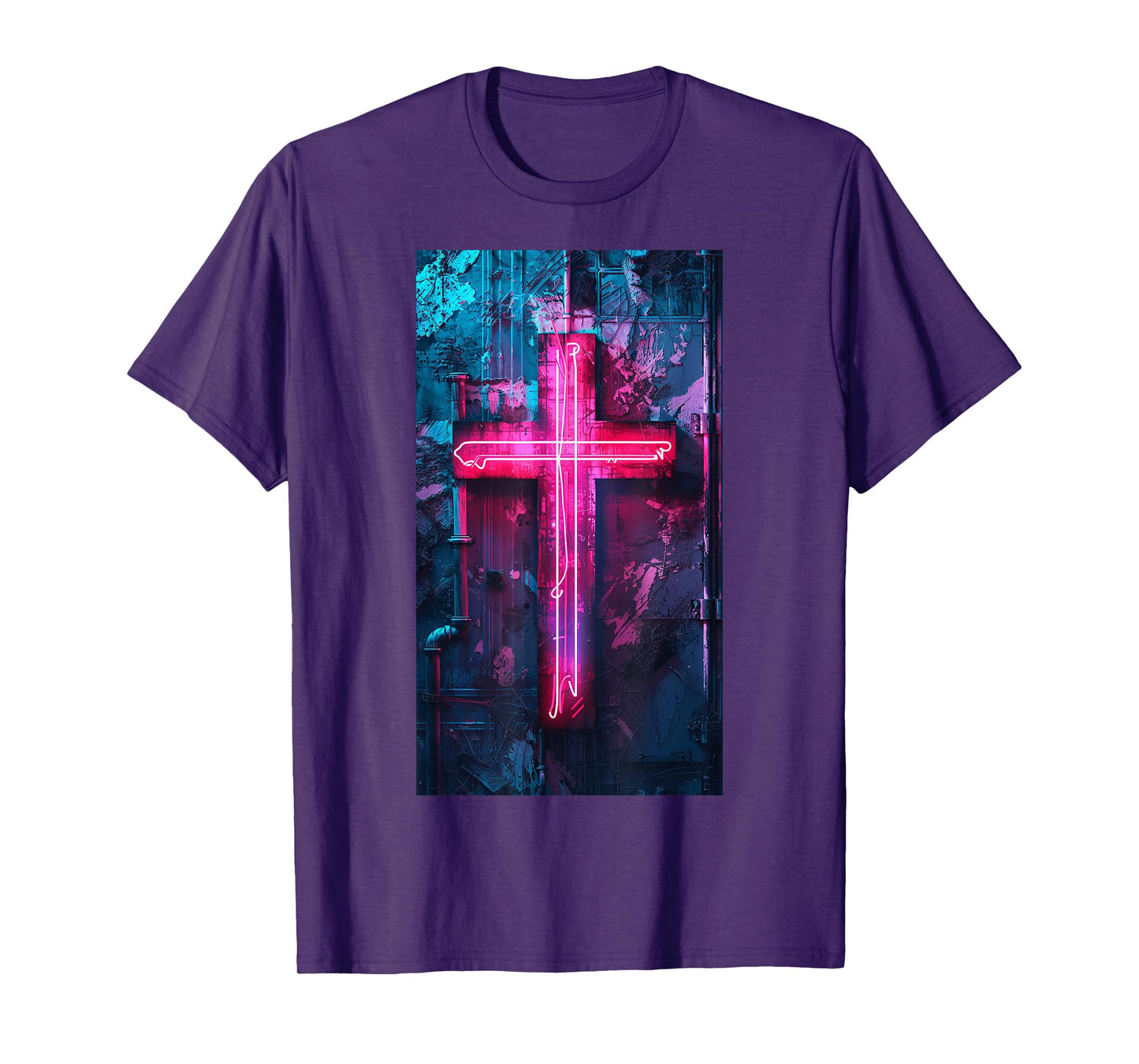Neon Gothic Cross Neon cross Religious Cyberpunk T-Shirt