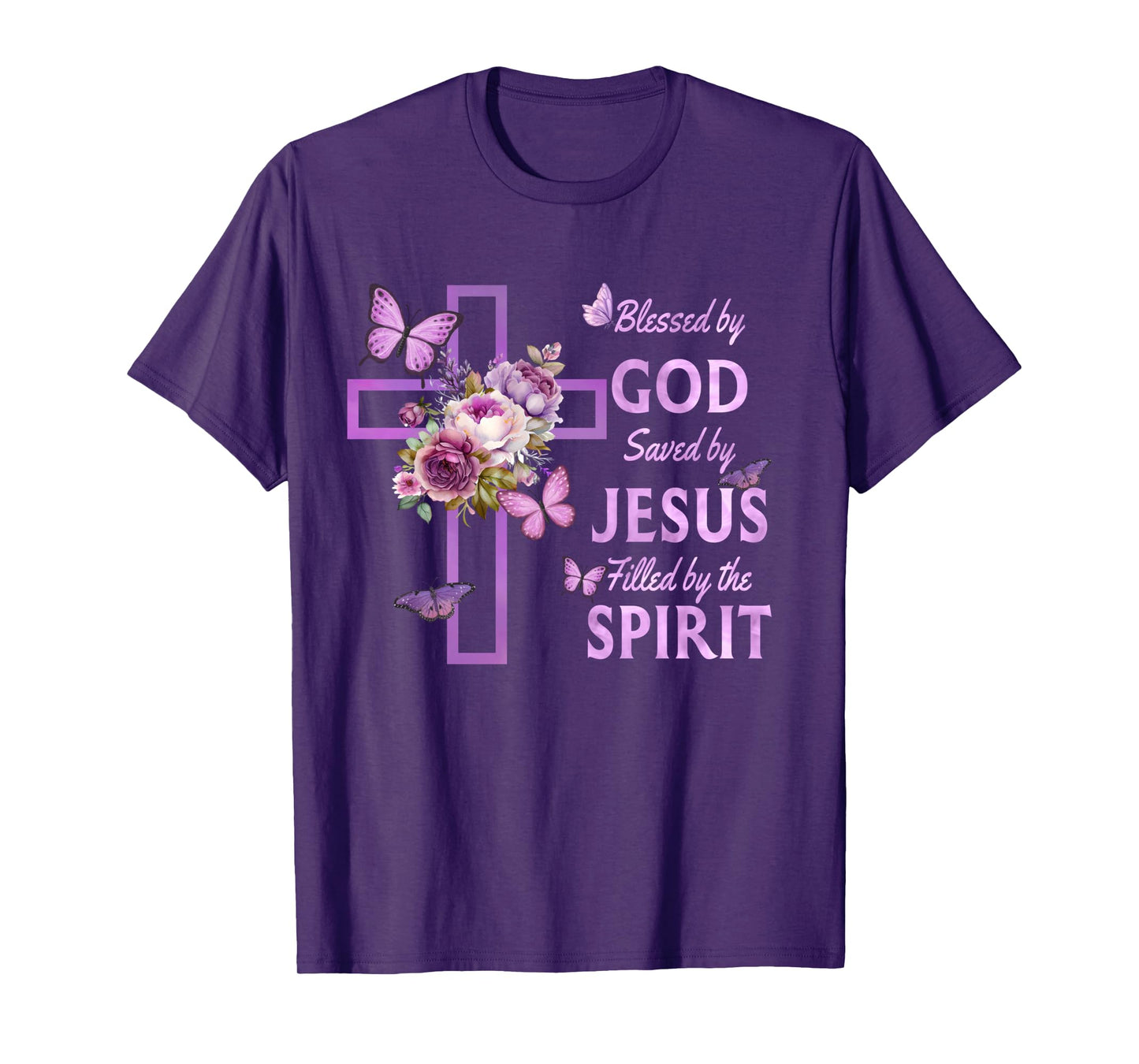 Blessed by God Saved by Jesus Purple Floral Cross Christian Long Sleeve T-Shirt