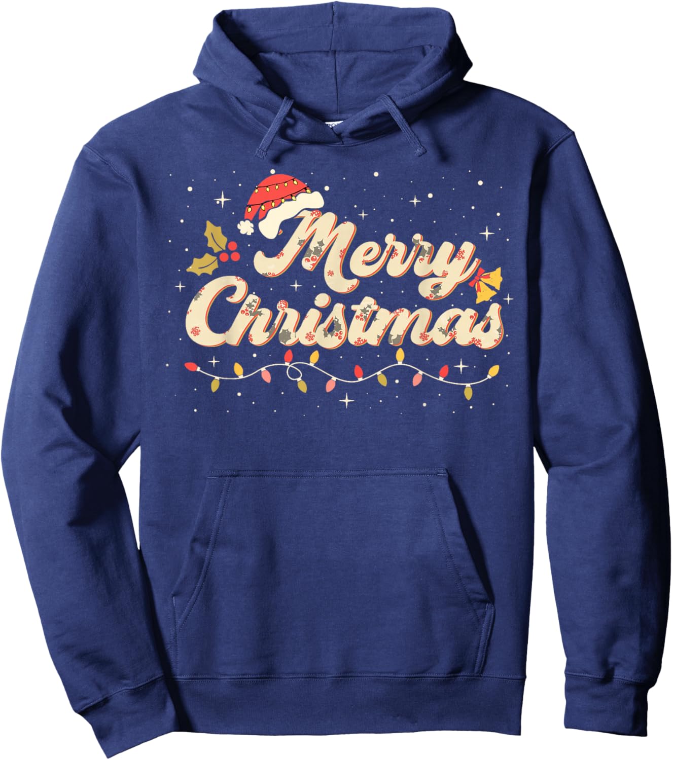 Merry Christmas Lights Red Santa Hat Xmas Family Hoodie - Hoodie | Navy