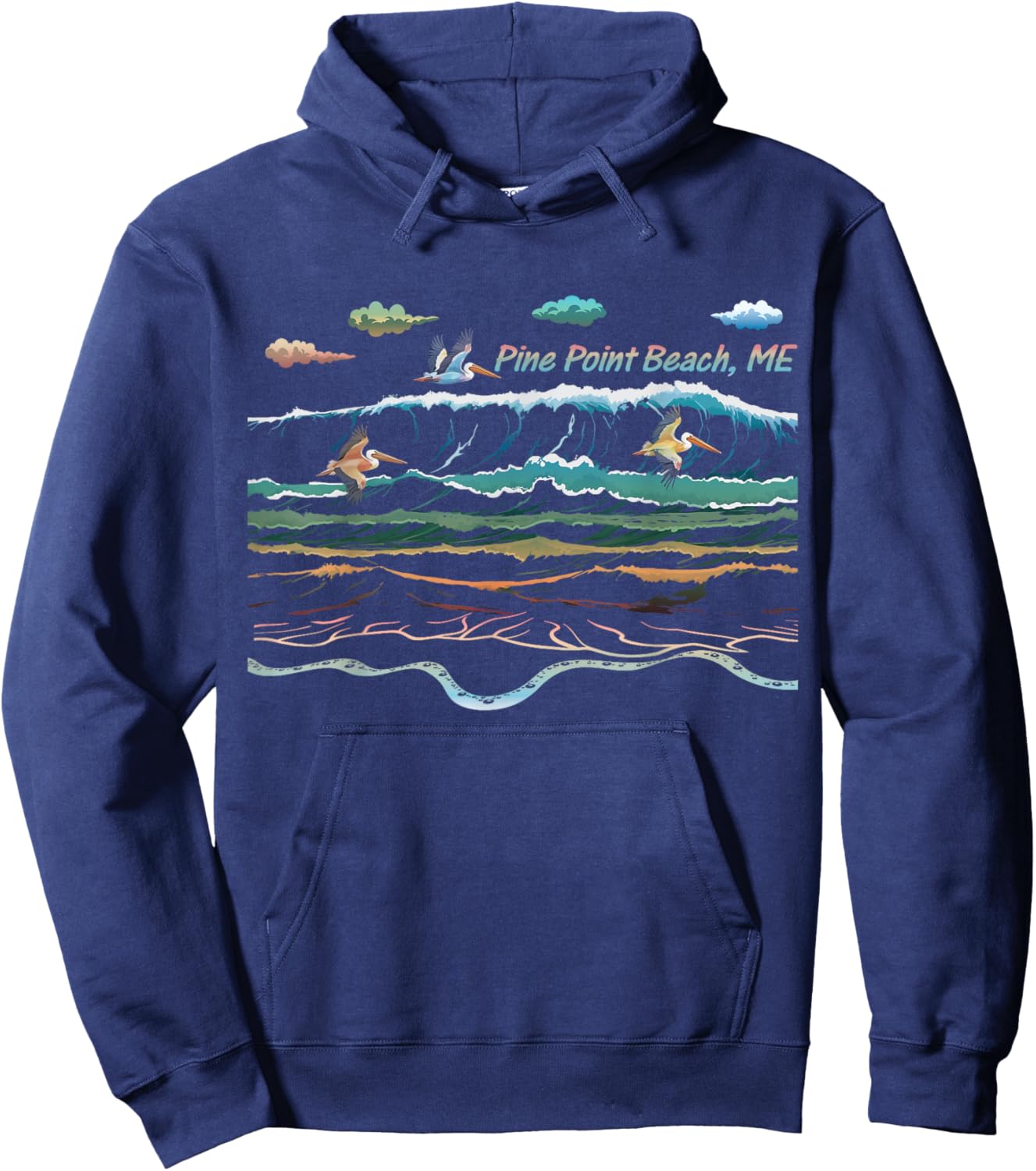 Pine Point Beach ME Beach Maine Beach Waves Pelican Birding Hoodie - Hoodie | Navy