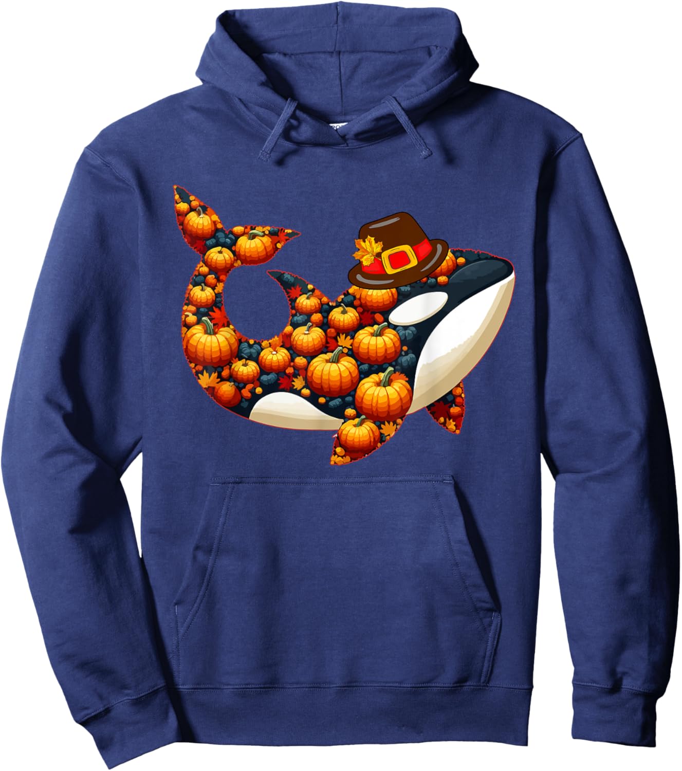 Fall Leaves Pumpkins Orca Cute Shape Thanksgiving Animal Hoodie - Hoodie | Navy