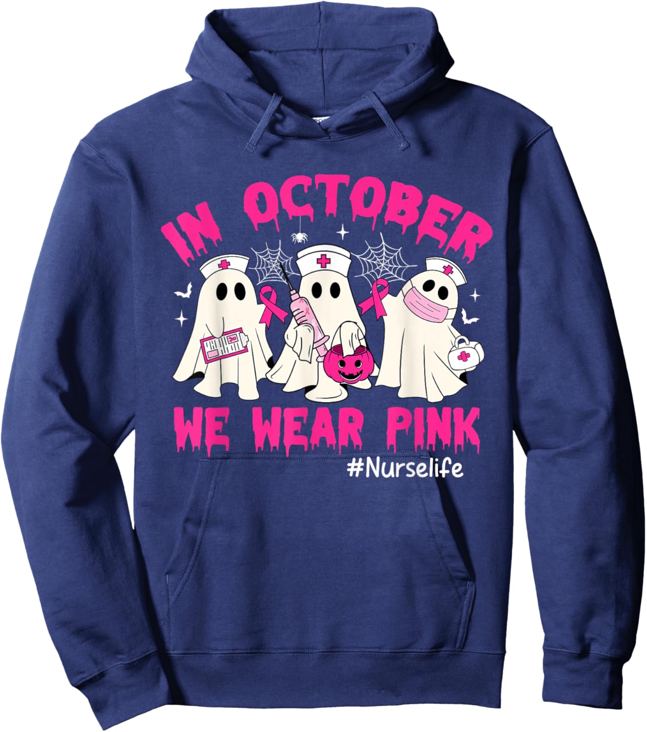 In October We Wear Pink Nurse Life Breast Cancer Awareness Hoodie - Hoodie | Navy