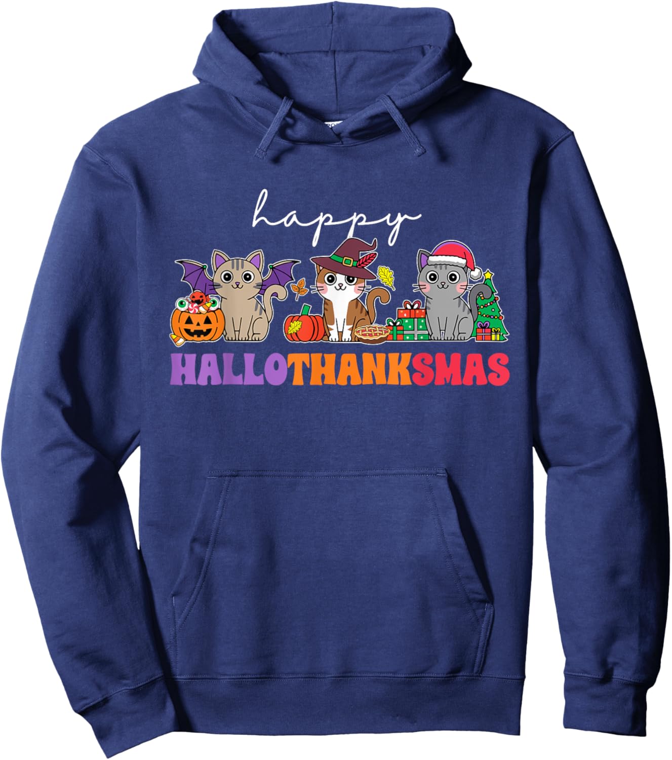 HalloThanksMas Cats : -Adults, -Kids, Black, Small, Short Sleeve, , Halloween, Thanksgiving, Christmas, Fall, Winter, Autumn Hoodie - Hoodie | Navy