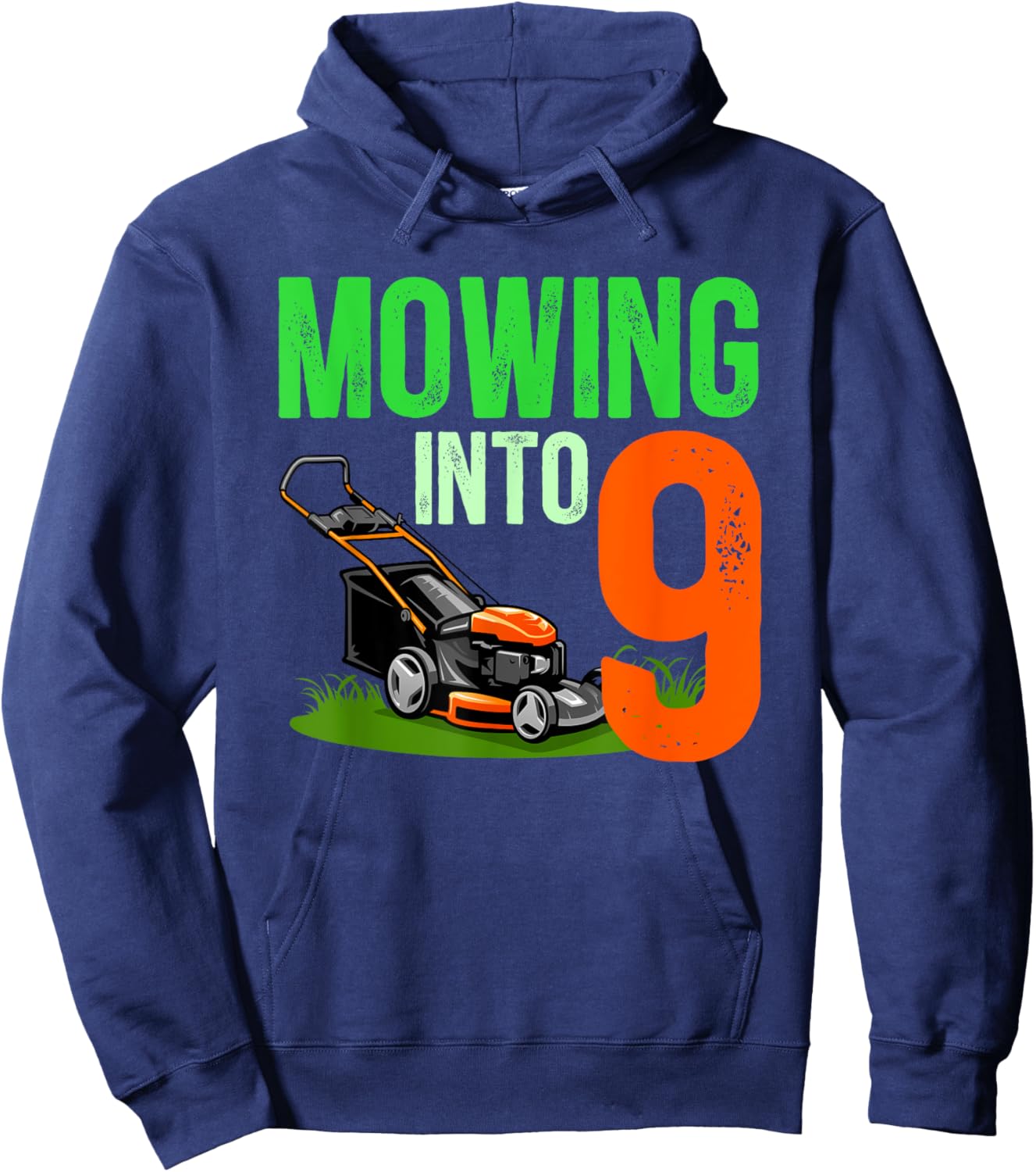 9th Birthday Party Lawn Mower 9 Year Old Lawn Mowing Boy Hoodie - Hoodie | Navy
