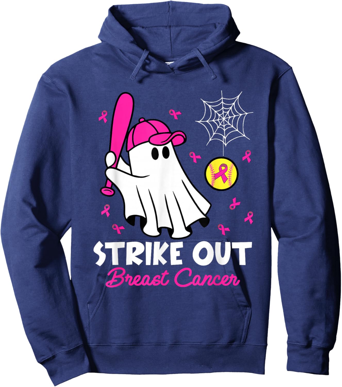 Strike Out Breast Cancer Ghost Softball Funny Breast Cancer Hoodie - Hoodie | Navy