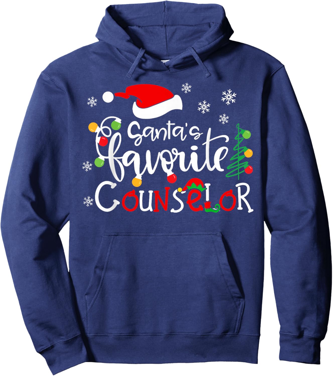 Santas Favorite Counselor Funny Christmas Santa Hat Lights Hoodie - Hoodie | Navy