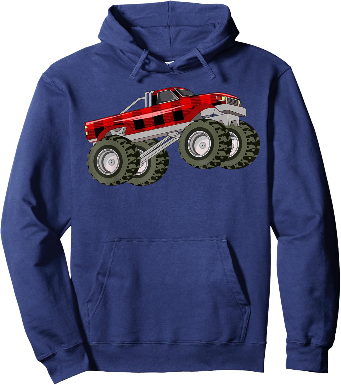 Buffalo Plaid Christmas Monster Truck Pajama Toddlers Youths Hoodie - Hoodie | Navy