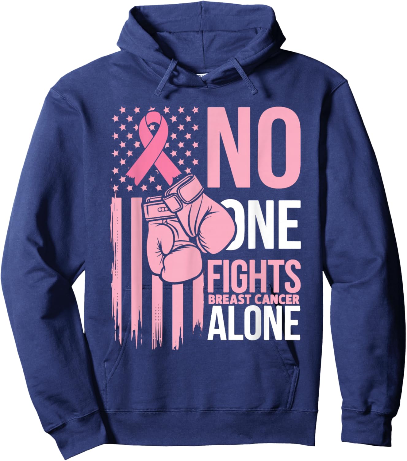 No One Fights Breast Cancer Alone Usa Flag Boxing Gloves Hoodie - Hoodie | Navy