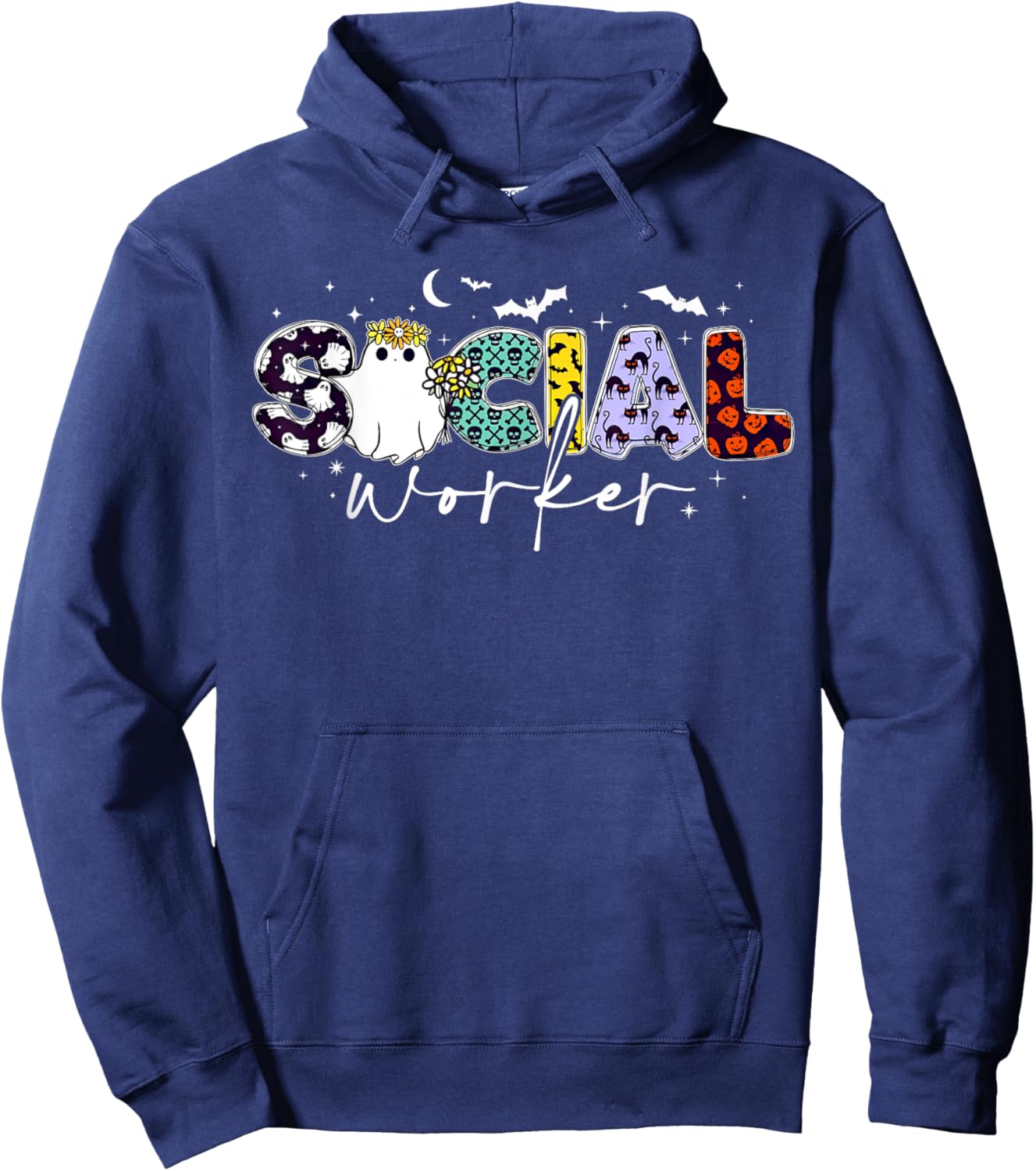 Retro Social Worker Ghost Halloween Funny School Social Work Hoodie - Hoodie | Navy