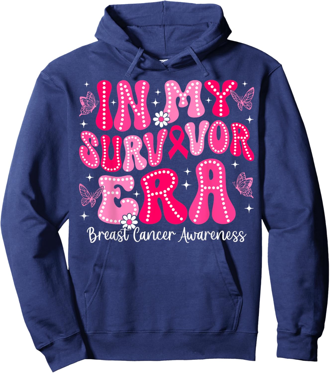 In My Survivor Era Retro Groovy Breast Cancer Awareness Hoodie - Hoodie | Navy