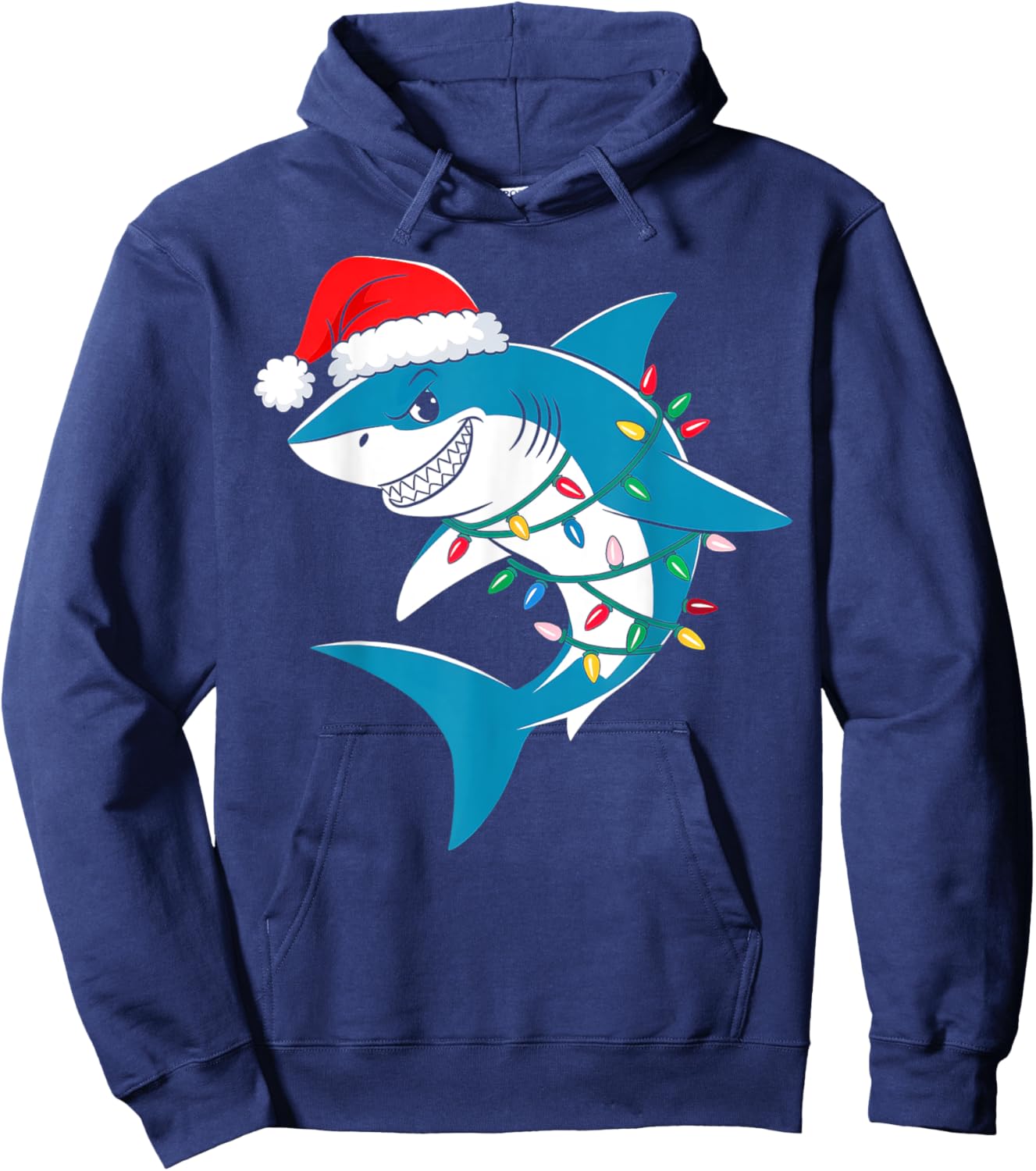 Shark Christmas Lights Santa Hat Xmas Pajama Boys Girls Kids Hoodie - Hoodie | Navy