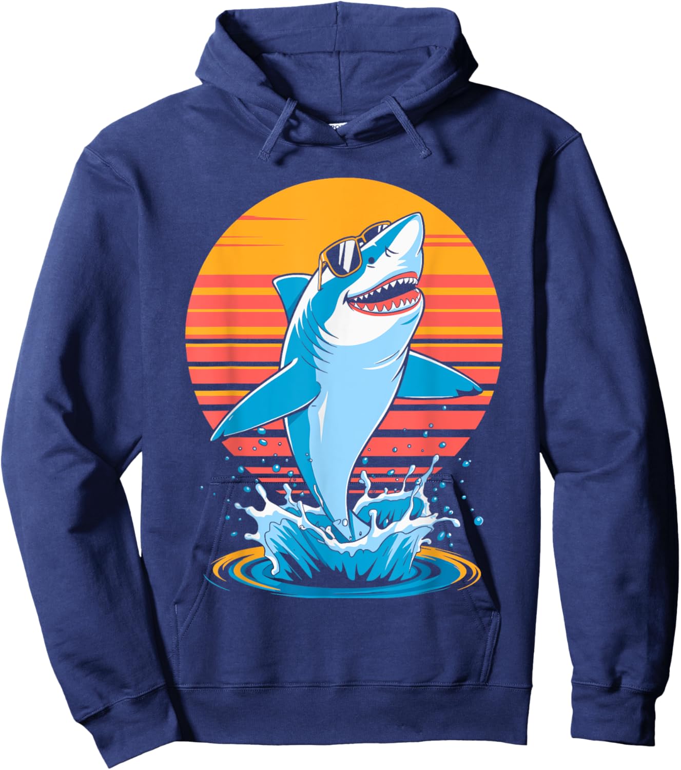 Retro Sunset Cool Shark in Sunglasses Funny Animal Sharks Hoodie - Hoodie | Navy
