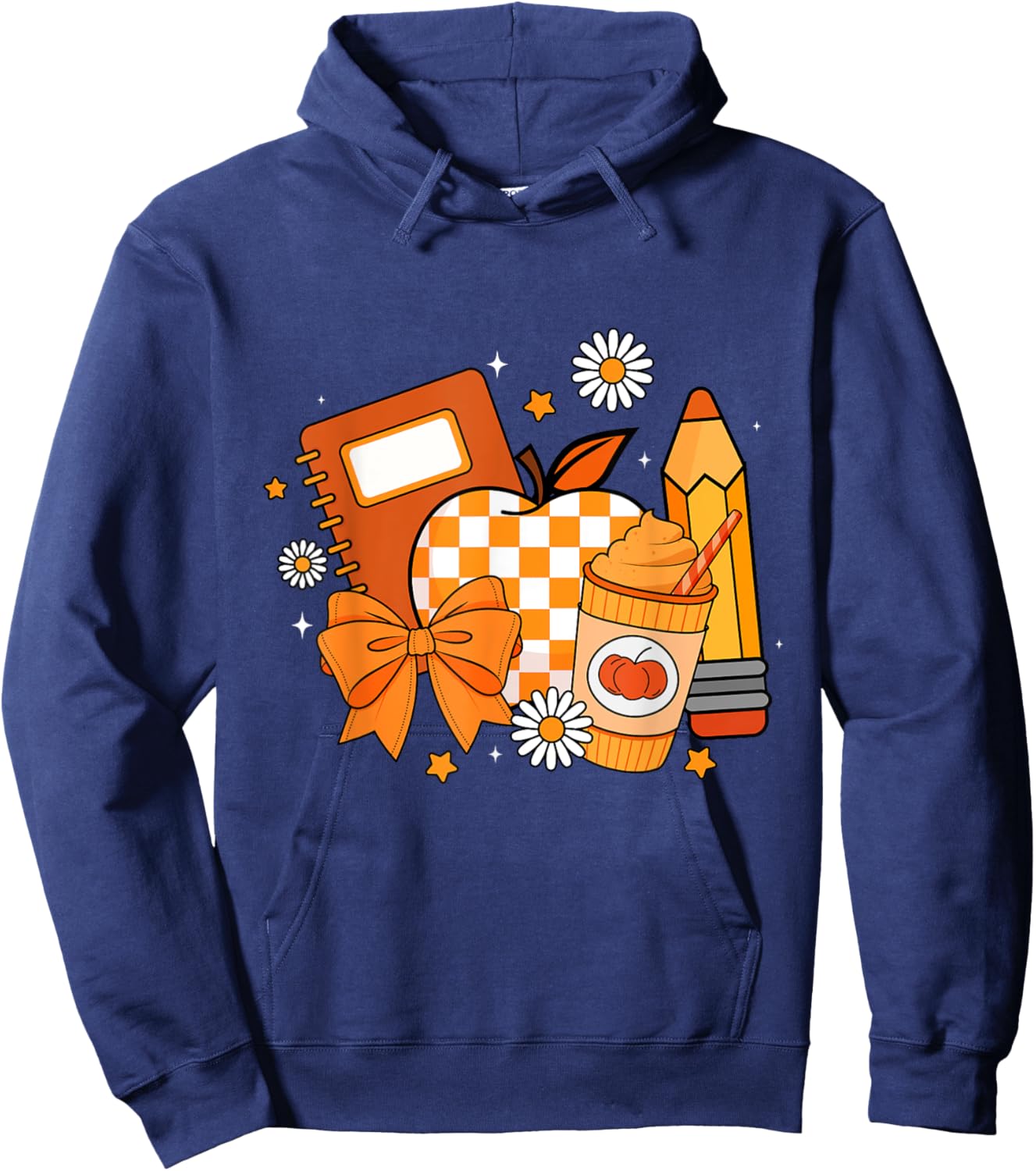 Retro Coquette Bow Pencil Teacher Fall Season Thanksgiving Hoodie - Hoodie | Navy