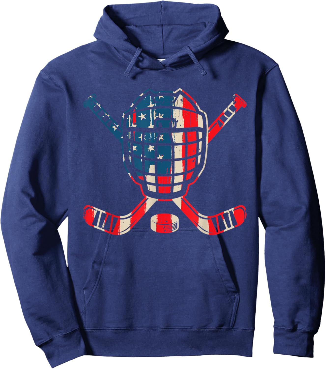 USA American Flag Ice Hockey Goalie Mask Stick Patriotic Boy Hoodie - Hoodie | Navy