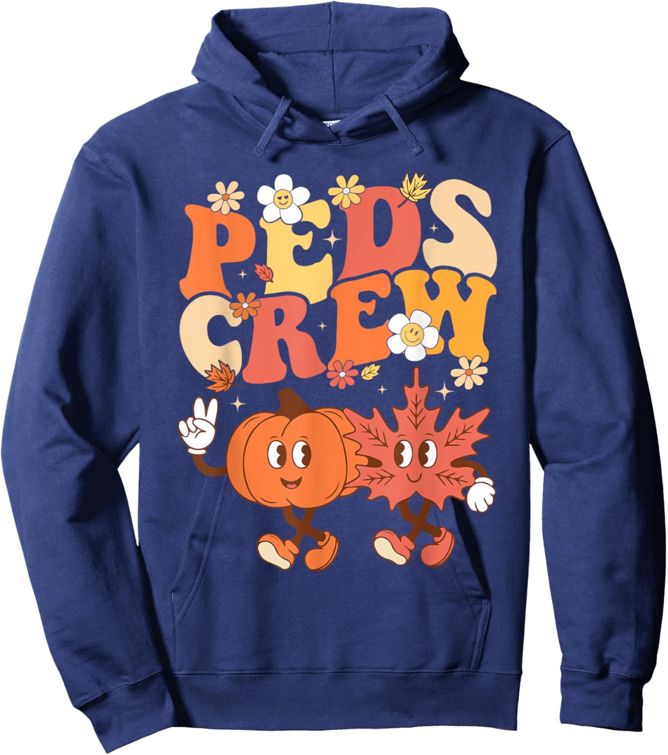 Peds Crew Pumpkin Leaf Pediatric Nurse Thanksgiving Fall Hoodie - Hoodie | Navy