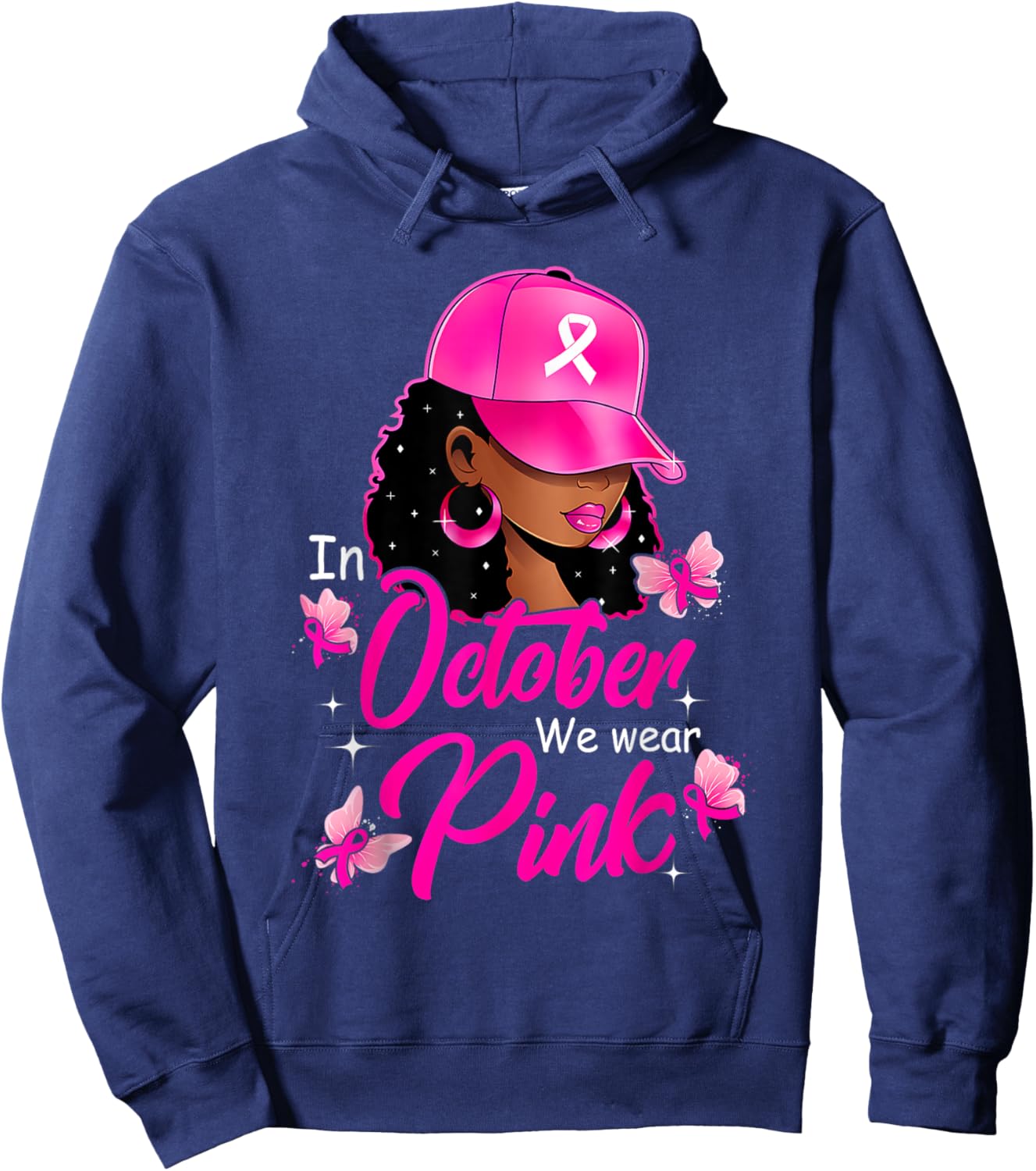In October We Wear Pink Black Women Breast Cancer Awareness Hoodie - Hoodie | Navy