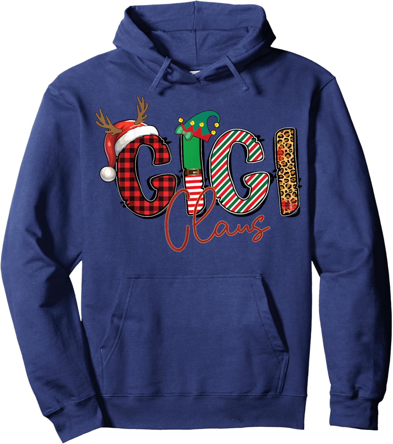 Gigi Claus Santa Hat Reindeer Leopard Plaid Matching Family Hoodie - Hoodie | Navy