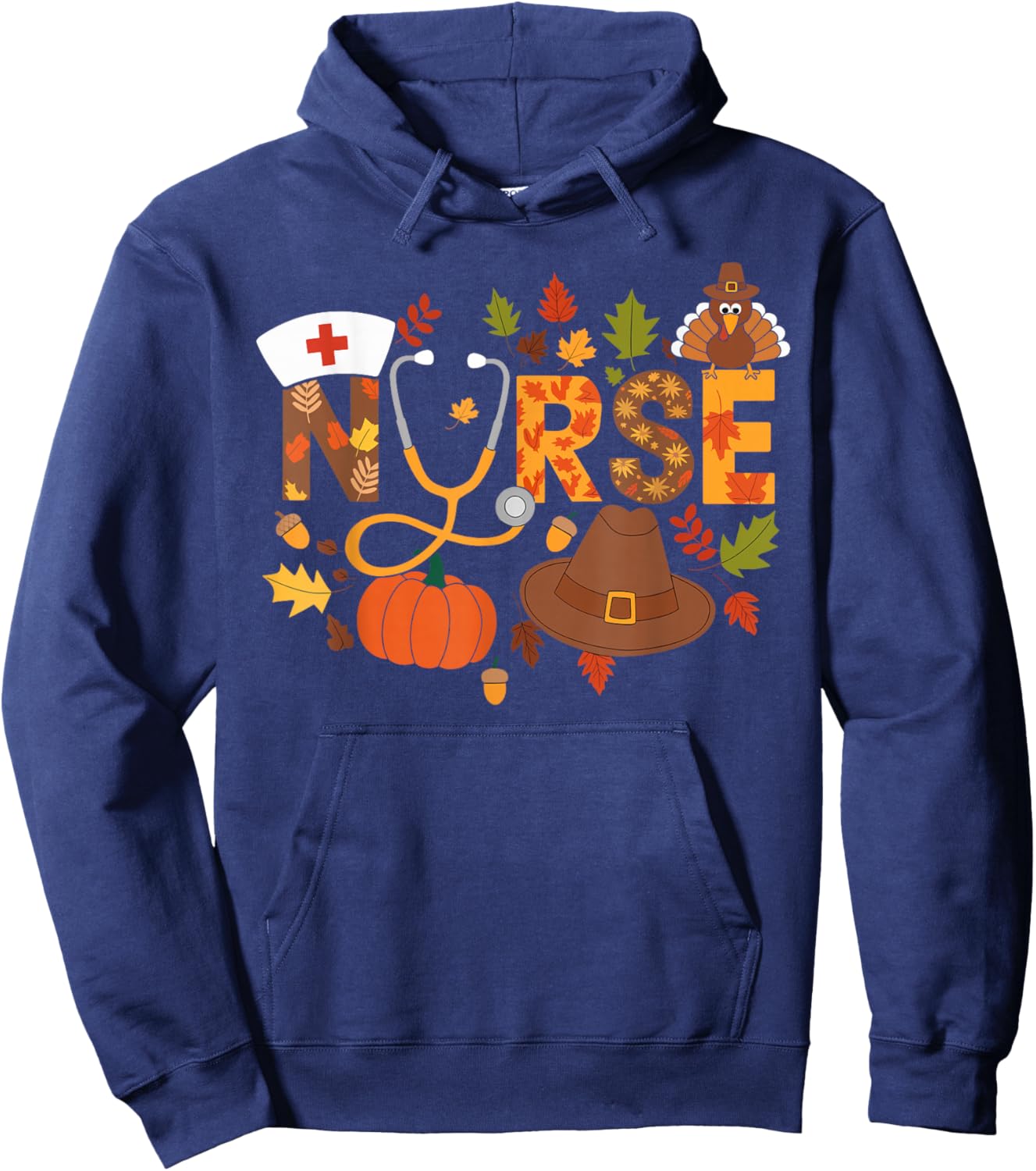 Nurse Thanksgiving Nurse Apparel -Adults Black Small Modern U-Neck Short Sleeve Thanksgiving Nurse Hoodie - Hoodie | Navy