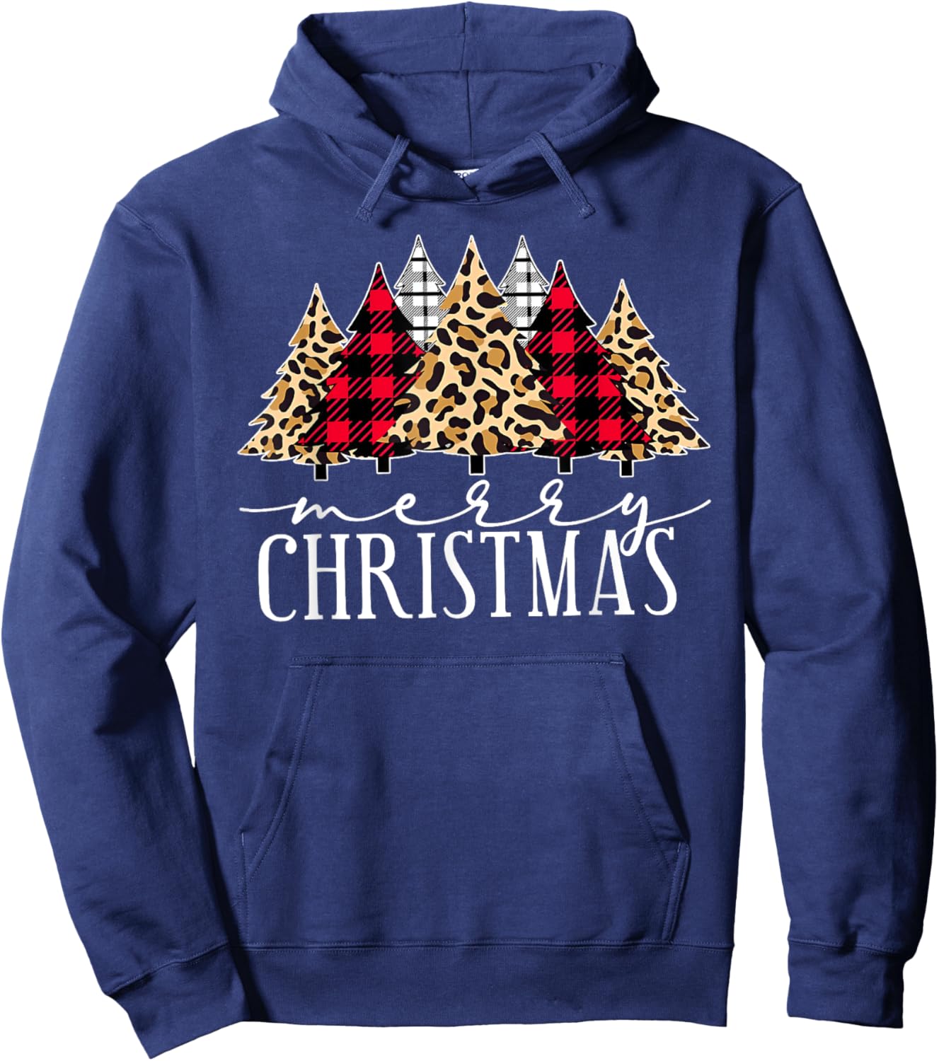 Merry Christmas Xmas Trees Leopard Buffalo Holiday Pajamas Hoodie - Hoodie | Navy