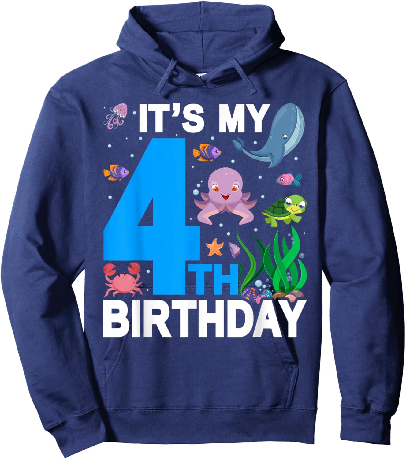 It's My 4th Birthday Party Ocean 4 Years Old Sea Fish B-Day Hoodie - Hoodie | Navy