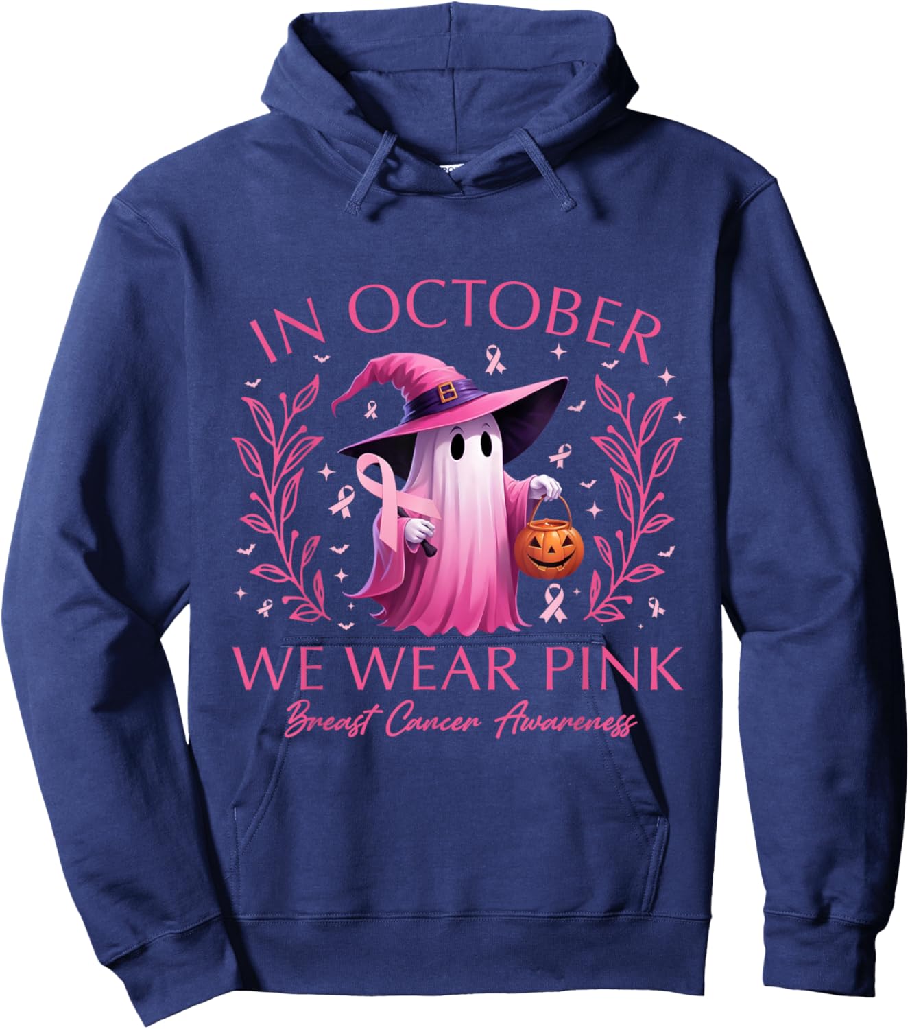 In October We Wear Pink Ghost Witch Breast Cancer Awareness Hoodie - Hoodie | Navy