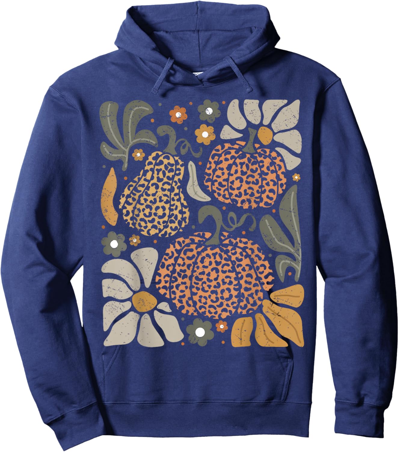 Leopard Pumpkin With Flowers Boho Floral Thanksgiving Hoodie - Hoodie | Navy