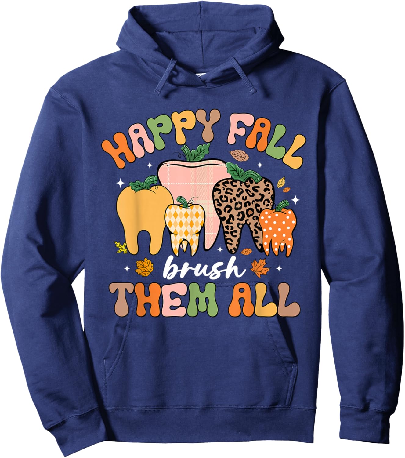Happy Fall Brush Them All Tooth Pumpkin Leopard Funny Dental Hoodie - Hoodie | Navy